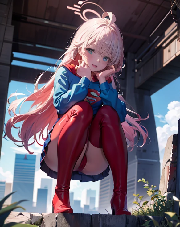 ((highest quality, masterpiece, disorganized) ,supergirl,Crab crotch,M-shaped legs,please show me your boots , ,long hair, hair with volume, hair loss, expressive eyes,Blue Bodysuit,red skirt,red heel boots,blue leotard,view of other buildings ,defeat,detailed description,solo 1 girl,full body shot,masturbation,Shame on you,Stain your face red,Watery eye,
