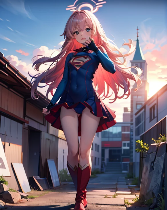 ((highest quality, masterpiece, disorganized) ，supergirl，Crab crotch，M-shaped legs，please show me your boots , 17 years old,long hair, hair with volume, hair loss, expressive eyes,Blue Bodysuit，red skirt，red heel boots，blue leotard，view of other buildings ,defeat，detailed description，solo 1 girl，full body shot，masturbation，Shame on you，Stain your face red，Watery eye，