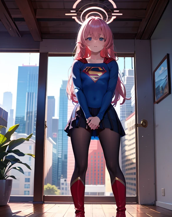 ((highest quality, masterpiece, disorganized) ，supergirl，Crab crotch，M-shaped legs，please show me your boots , 17 years old,long hair, hair with volume, hair loss, expressive eyes,Blue Bodysuit，red skirt，red heel boots，blue leotard，view of other buildings ,defeat，detailed description，solo 1 girl，full body shot，masturbation，Shame on you，Stain your face red，Watery eye，