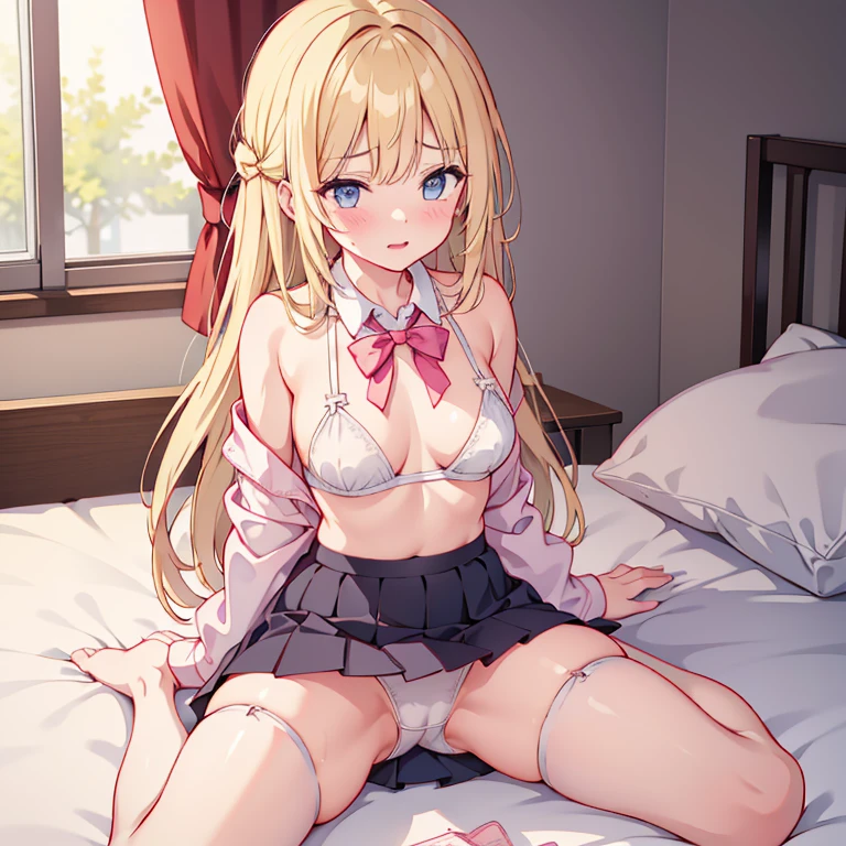 girl looks embarrassed over her skirt blonde shyness Sweat wet sticking underwear garter Erotic Estrus Drool side Stuffy Skirt flip Obscene lines transformation Pink Mesh string bread ribbon Bedroom spread legs no bra