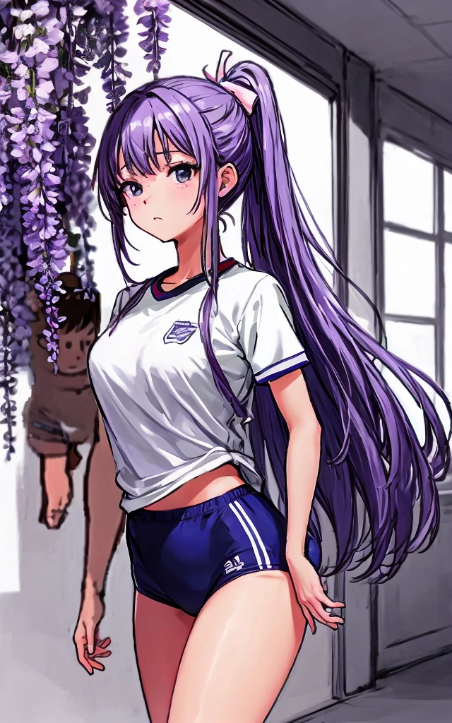 A beautiful woman with long wisteria purple hair in a ponytail that reaches to her shoulders and a light pink ribbon in the back, and a sharp face and beautiful legs, is wearing a white gym uniform.、I'm standing in the school hallway wearing dark blue bloomers shaped like panties.。