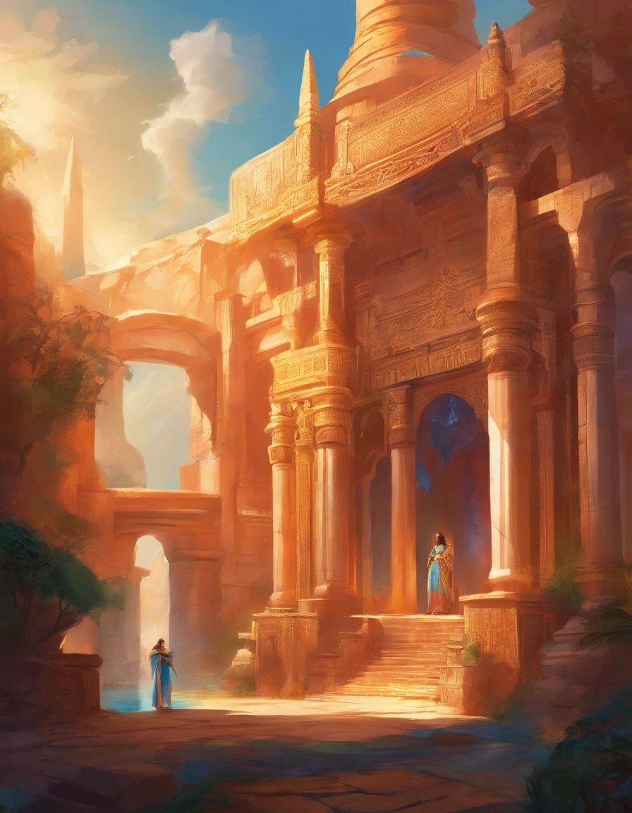 man, orange hair, blue eyes, looks into the frame, inside a temple with columns, super detailed background, shades of gold, Sun, sunlight, guy in cotton clothes, full length, The position is straight, the guy smiles sweetly, high definition, HD, sharp lines