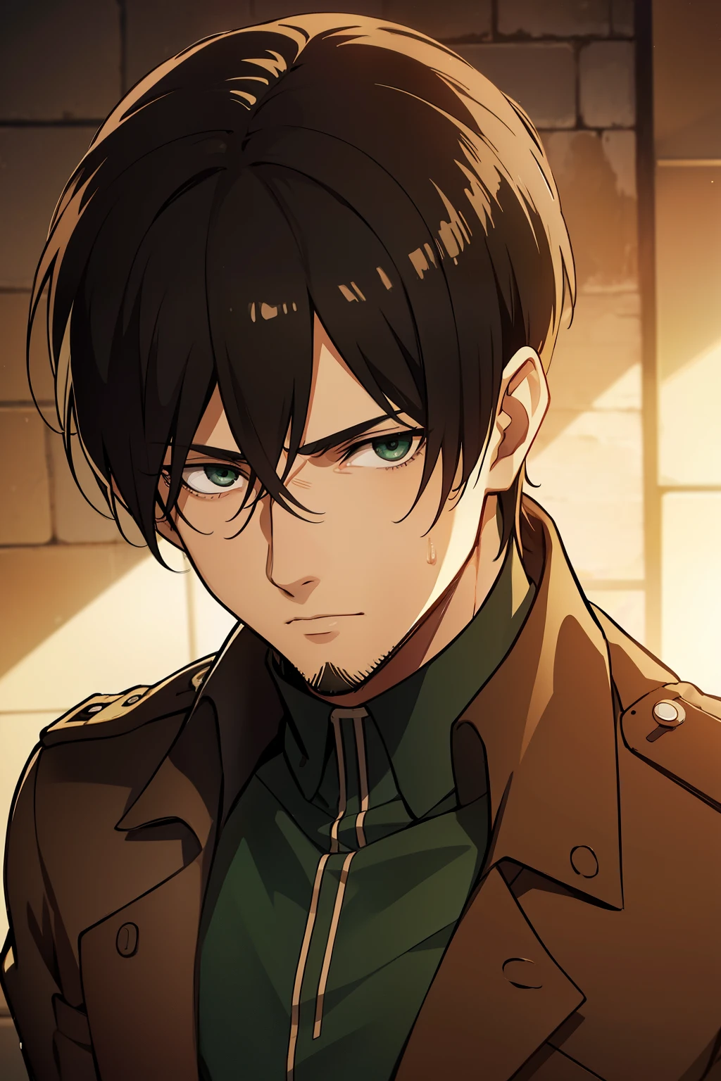 (high-quality, breathtaking),(expressive eyes, perfect face) 1male, male, solo, young adult, medium length black hair, curley hair, brown eyes, military uniform, survey corps attack on titan, shingeki no kyoji, black shirt, brown jacket, green eyes, gentle smile, gentle expression, quiff haircut, quiff hairstyle, 5’O Clock Shadow beard, part of hair combed back, italian, korean hairstyle
