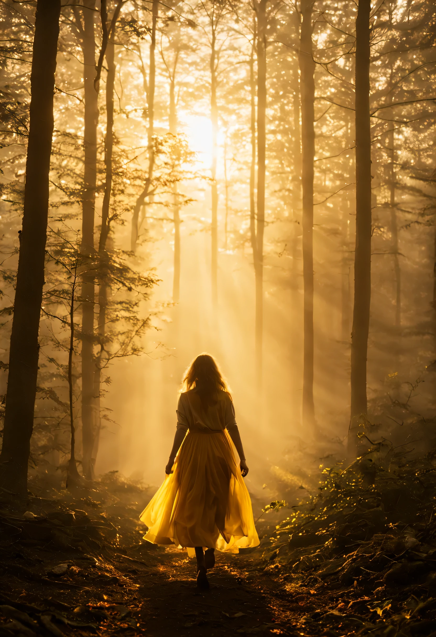 A woman is walking through a foggy forest, with dramatic cinematic lighting and a sunburst behind her. The slender woman is surrounded by animated cinematography, as if captured in a golden hour photograph. As we fade in to the darkness, a ghost of a young girl appears, her hair made of trees and yellow light. The trees sway to the beat of the wind, a white cloth shining in the breeze.