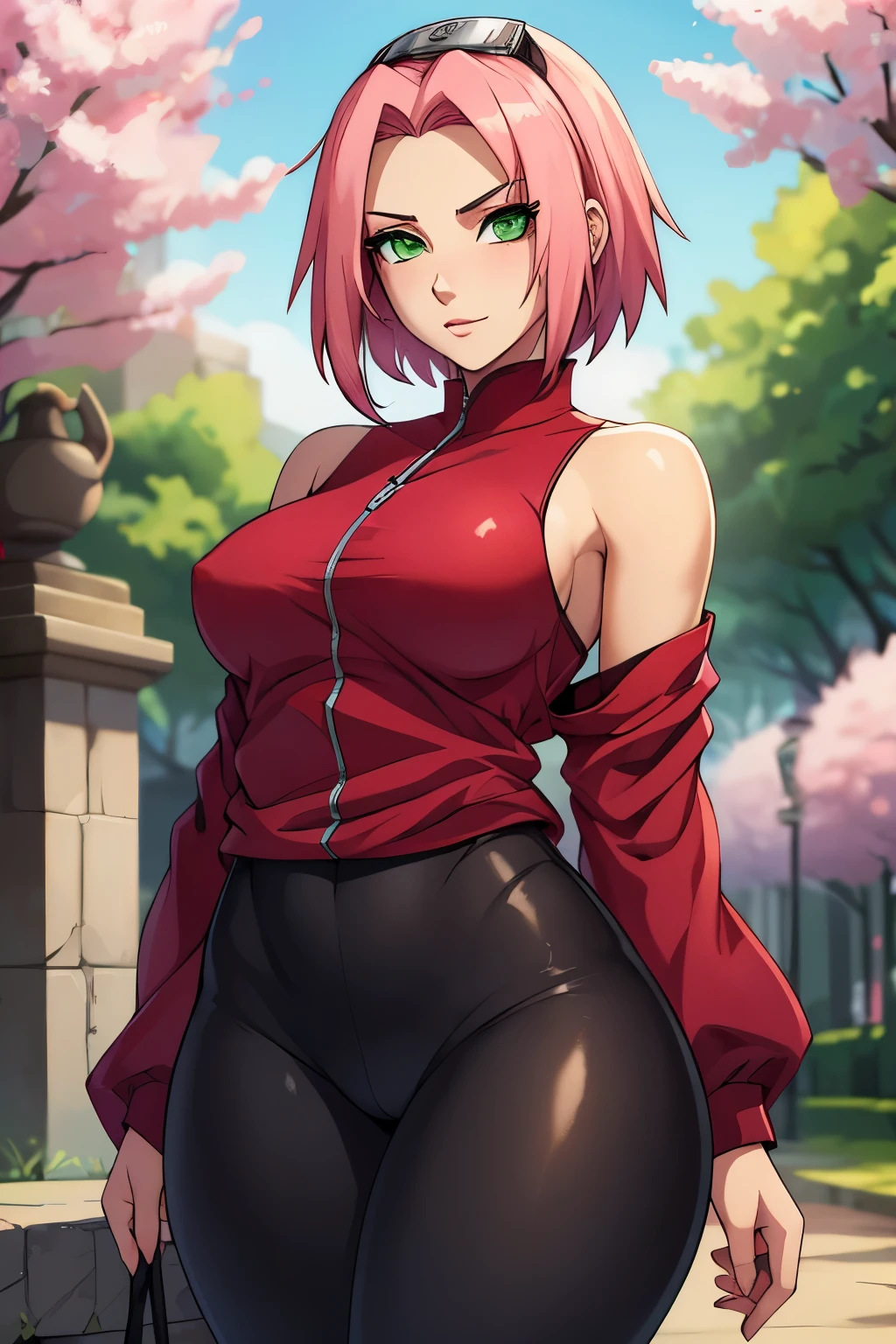 ((ultra quality)), ((masterpiece)), haruno sakuro, naruto, ((pink short hair)), (beautiful cute face), (beautiful female lips), charming, ((sexy facial expression)), looks at the camera, eyes slightly open, (skin color white), (blue skin), glare on the body, ((detailed beautiful female eyes)), ((green eyes)), (juicy female lips), (black eyeliner), (beautiful female hands), ((ideal female figure)), ideal female body, beautiful waist, gorgeous thighs, beautiful small breasts, ((subtle and beautiful)), stands temptingly (close up of face), (sakura haruno clothing, black tight shorts leggings, Hidden Leaf Village shinobi clothing) background: hidden leaf village, naruto shippuden, ((depth of field)), ((high quality clear image)), (clear details), ((high detail)), realistically, professional photo session, ((clear focus)), anime