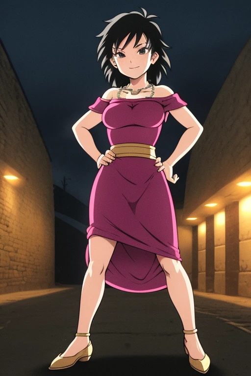 Gine as a flamenco dancer, masterpiece, best quality, ultra detailed, 8k, 4k, half body, cowboy shot, Gine, 1 girl, solo, smile, looking at viewer, full body, black hair, short hair, hand on hip, bare shoulder, bare arms, medium breast, necklace, seductive, strapless, a flamenco dress, orange ruffle off the shoulder attire, orange off the shoulder top, black maxi dress, Mexico City village at night