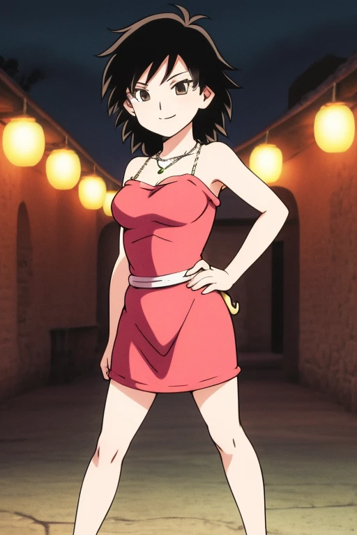 Gine as a flamenco dancer, masterpiece, best quality, ultra detailed, 8k, 4k, half body, cowboy shot, Gine, 1 girl, solo, smile, looking at viewer, full body, black hair, short hair, hand on hip, bare shoulder, bare arms, medium breast, necklace, seductive, strapless, a flamenco dress, orange ruffle off the shoulder attire, orange off the shoulder top, black maxi dress, Mexico City village at night