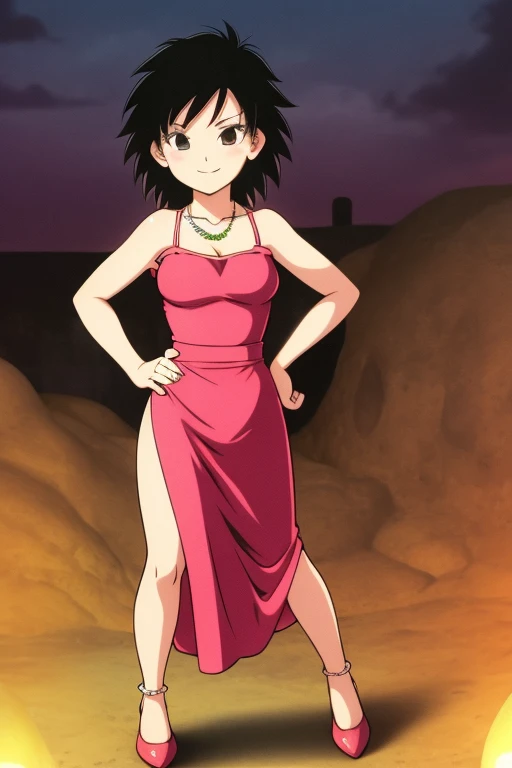 Gine as a flamenco dancer, masterpiece, best quality, ultra detailed, 8k, 4k, half body, cowboy shot, Gine, 1 girl, solo, smile, looking at viewer, full body, black hair, short hair, hand on hip, bare shoulder, bare arms, medium breast, necklace, seductive, strapless, a flamenco dress, orange ruffle off the shoulder attire, orange off the shoulder top, black maxi dress, Mexico City village at night