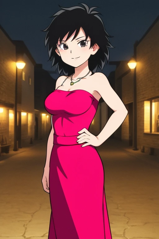 Gine as a flamenco dancer, masterpiece, best quality, ultra detailed, 8k, 4k, half body, cowboy shot, Gine, 1 girl, solo, smile, looking at viewer, full body, black hair, short hair, hand on hip, bare shoulder, bare arms, medium breast, necklace, seductive, strapless, a flamenco dress, orange ruffle off the shoulder attire, orange off the shoulder top, black maxi dress, Mexico City village at night