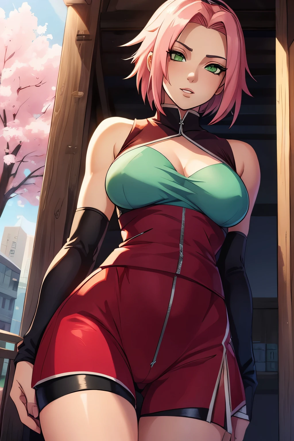 ((ultra quality)), ((masterpiece)), haruno sakuro, naruto, ((pink short hair)), (beautiful cute face), (beautiful female lips), charming, ((sexy facial expression)), looks at the camera, eyes slightly open, (skin color white), (blue skin), glare on the body, ((detailed beautiful female eyes)), ((green eyes)), (juicy female lips), (black eyeliner), (beautiful female hands), ((ideal female figure)), ideal female body, beautiful waist, gorgeous thighs, beautiful small breasts, ((subtle and beautiful)), stands temptingly (close up of face), (sakura haruno clothing, black tight shorts leggings, Hidden Leaf Village shinobi clothing) background: hidden leaf village, naruto shippuden, ((depth of field)), ((high quality clear image)), (clear details), ((high detail)), realistically, professional photo session, ((clear focus)), anime