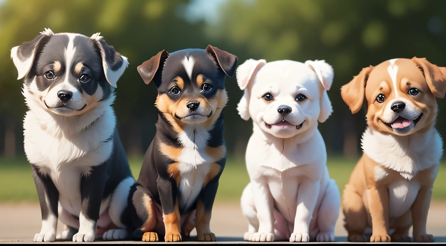 A group of realistic cute dogs looking at the camera, full body standing,