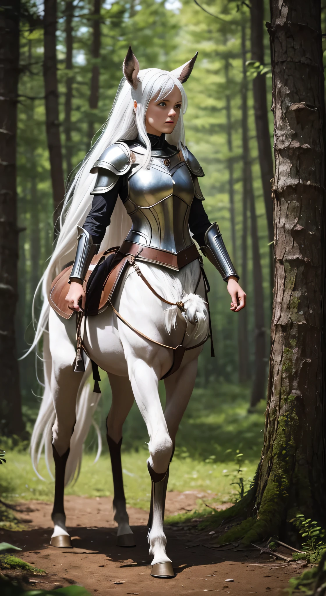 highly detailed full body full color cinematic photo of a female centaur:1.2, standing, hooves, 4 legs, looking at viewer, 1girl, white hair, long hair, breastplate, gauntlets, realistic, depth of field, blurry background, distant medieval forest, photorealistic, analogue photography, low key lighting