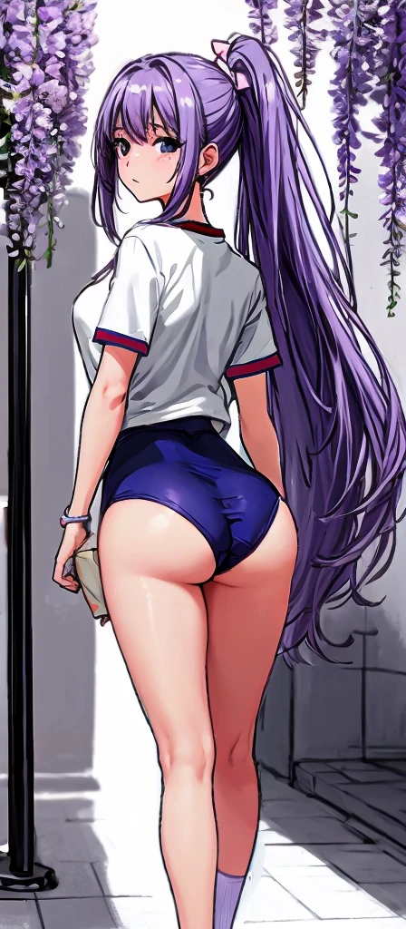 A beautiful woman with long wisteria purple hair in a ponytail that reaches to her shoulders and a light pink ribbon in the back, a sharp face and beautiful legs, is wearing a white gym uniform.、I'm standing in the school hallway wearing dark blue bloomers shaped like panties.。