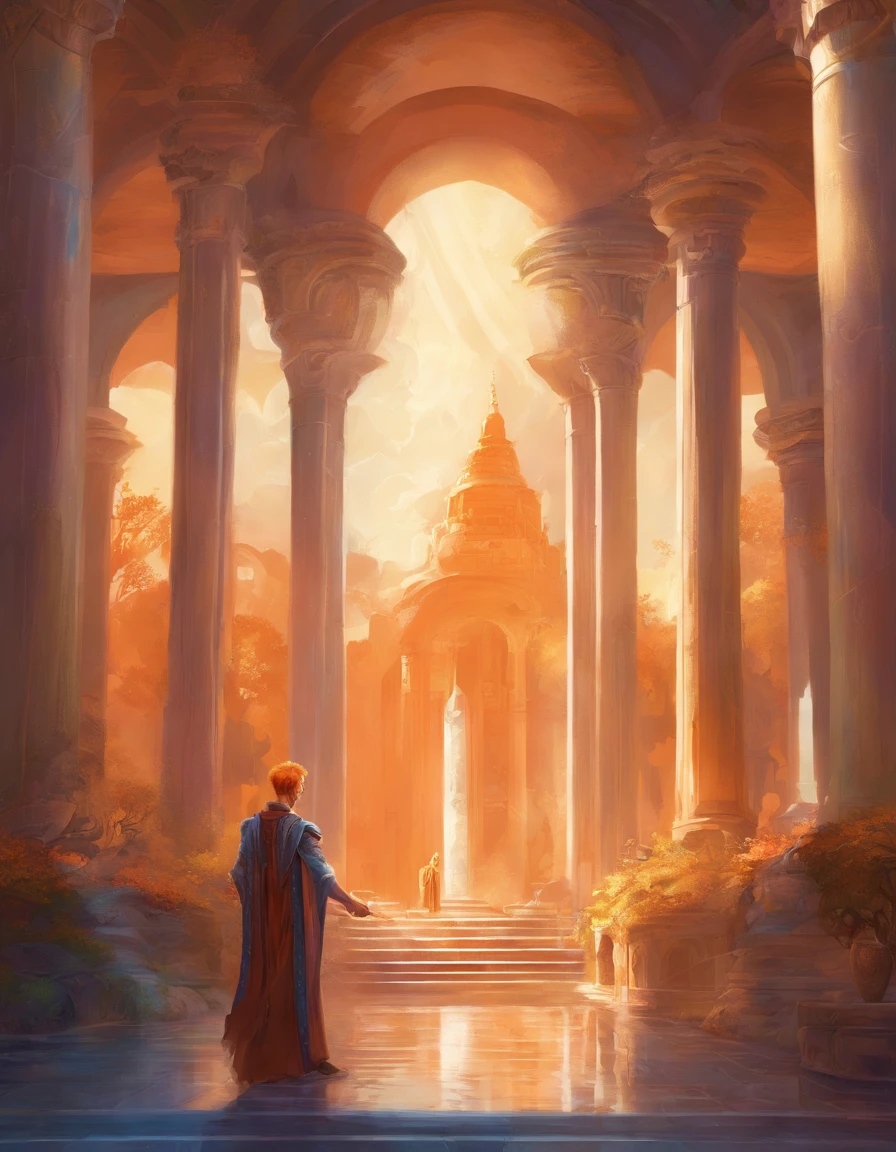 man, orange hair, blue eyes, looks into the frame, inside a temple with columns, super detailed background, shades of gold, Sun, sunlight, guy in cotton clothes, full length, The position is straight, the guy smiles sweetly, high definition, HD, sharp lines, divinity, very detailed wings