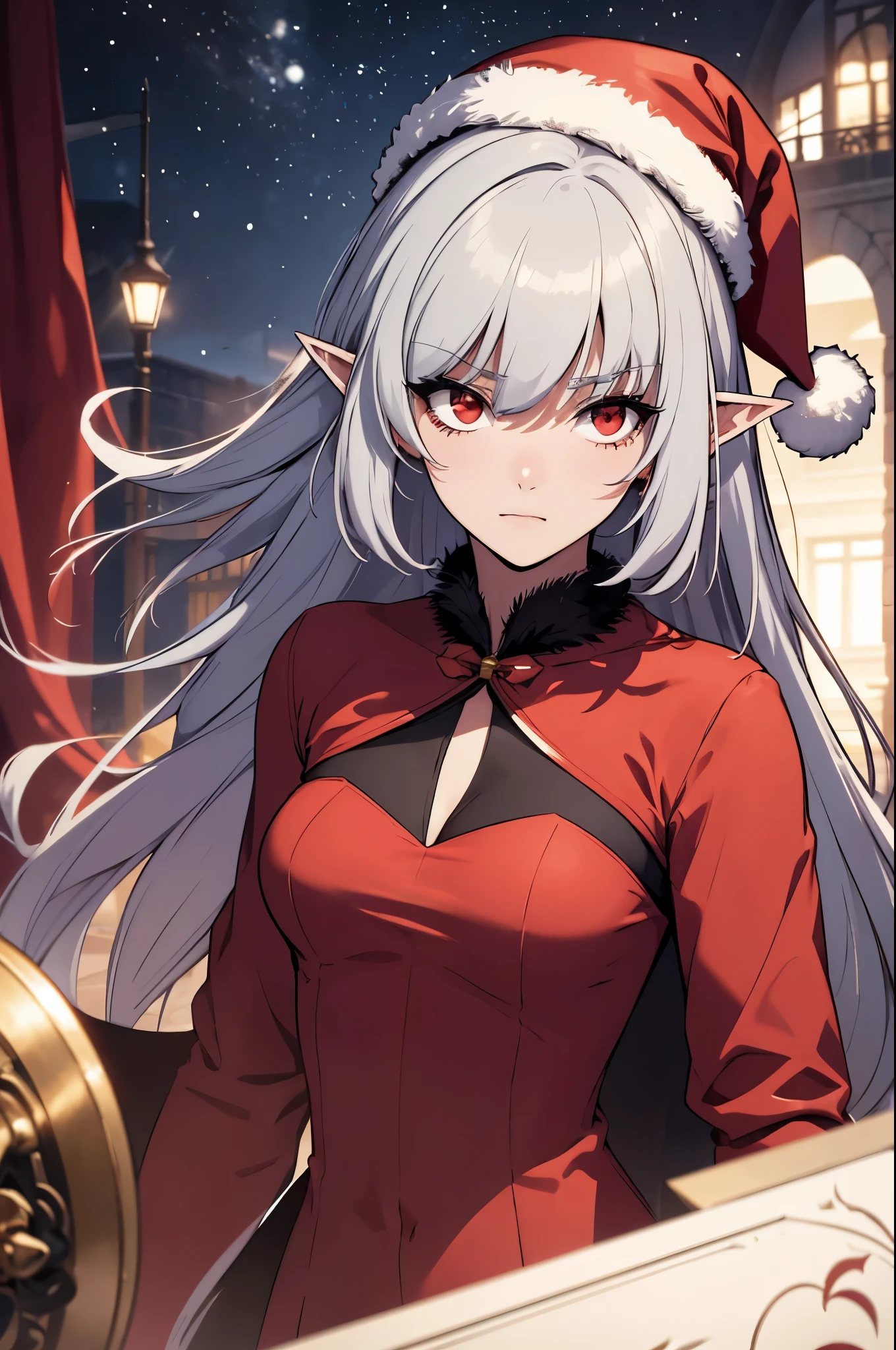 alice,vampire,grey hair, long hair, red eyes, pointy ears, small breasts, hair, blush, red capelet, christmas, santa dress, capelet, dress, fur-trimmed capelet, santa costume, santa hat, red dress, red headwear, bangs, breasts, fur-trimmed dress, hat, fur trim, upper body, masterpiece, best quality