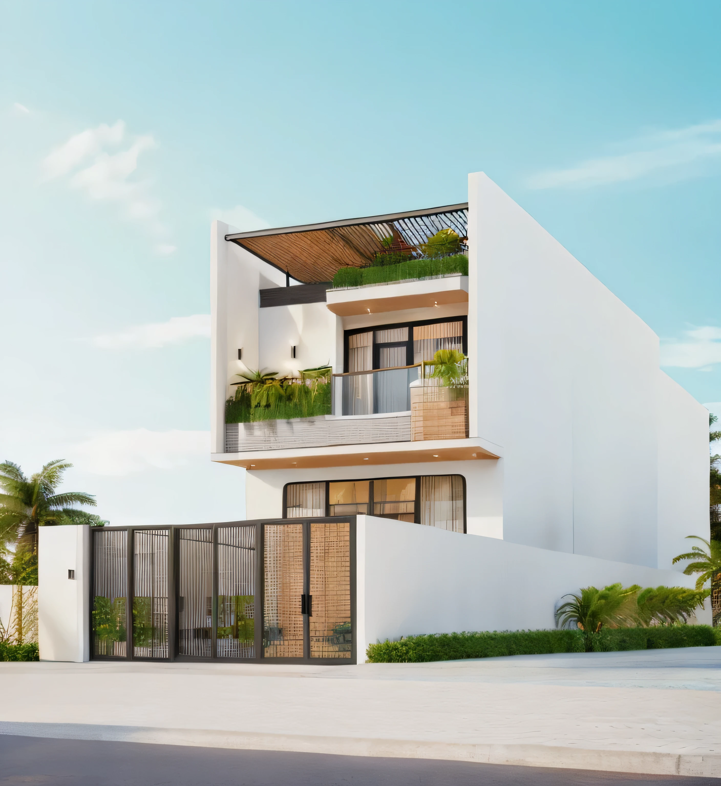 daylight, beautiful sky, soft lighting, high quality, best quality, authentic,detail, townhouse, tile wall, glass windows, ceiling, gate, fence, tropical trees, nice landscape,