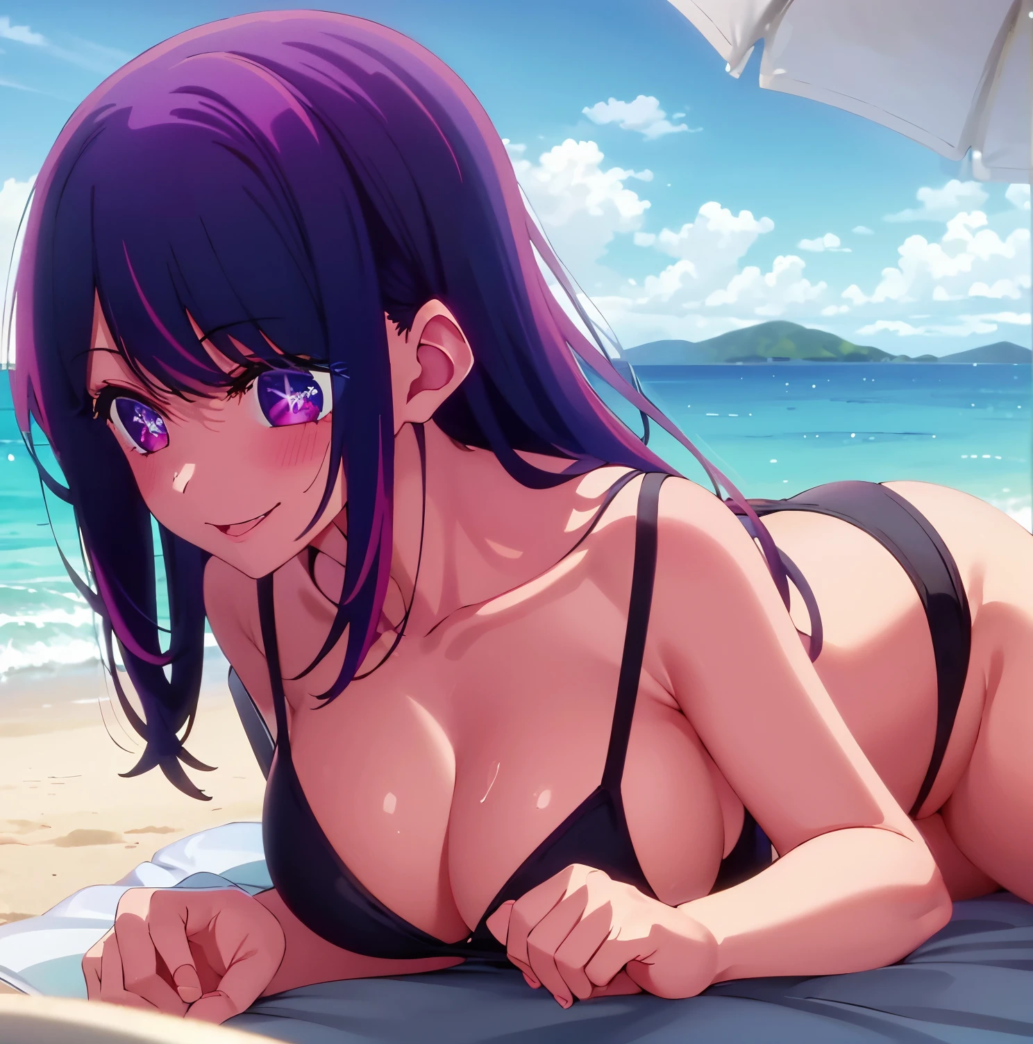 masterpiece, highly detailed, (1 girl in: 1.2), purple hair, swimsuit, purple bikini, yellow star print, bikini print, big eye, close up, smile, 8k, Ai hoshino, Beach,sea, lying on the sand, legs open, big breasts, wide hips, wide thighs, round and thick butt, big breasts, medium waist, wide hips, medium thighs, good anatomy, good hands