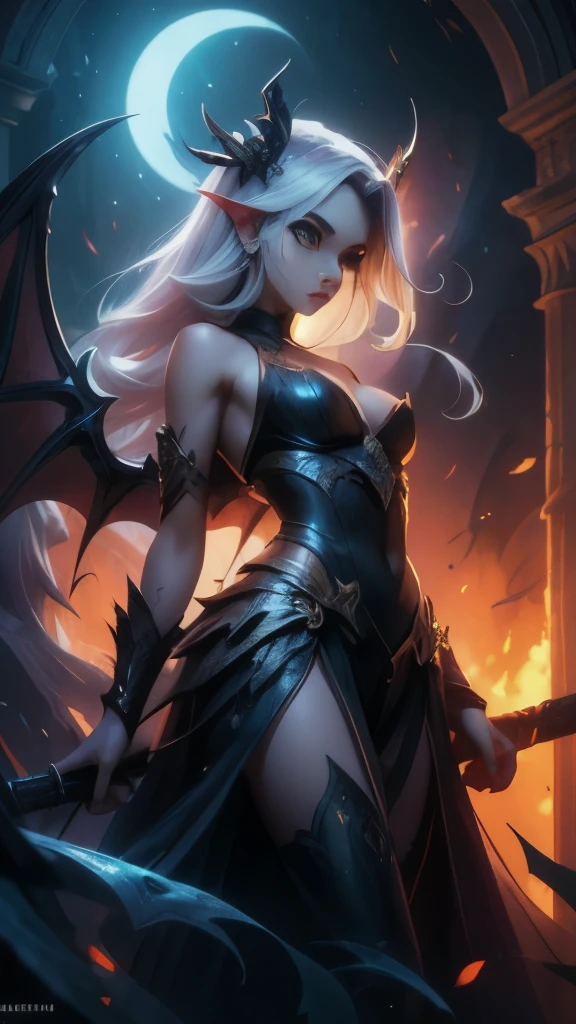 (Obra de arte), (altamente qualidade), (altamente detalhado), fechar-se, uma mulher com chifres e uma espada em frente a uma fogueira, arte sexy em estilo de fantasia sombria, detalhada fantasia arte sexy, demon anime girl, Vilania tem asas de anjo escuro, Epic and sexy HD fantasy art style, arte de fantasia sombria, sexy angel knight gothic girl, epic fantasy art style, por Yang J, Raven-winged female vampire, cute succubus, beautiful and elegant demon queen, arte de fantasia anime