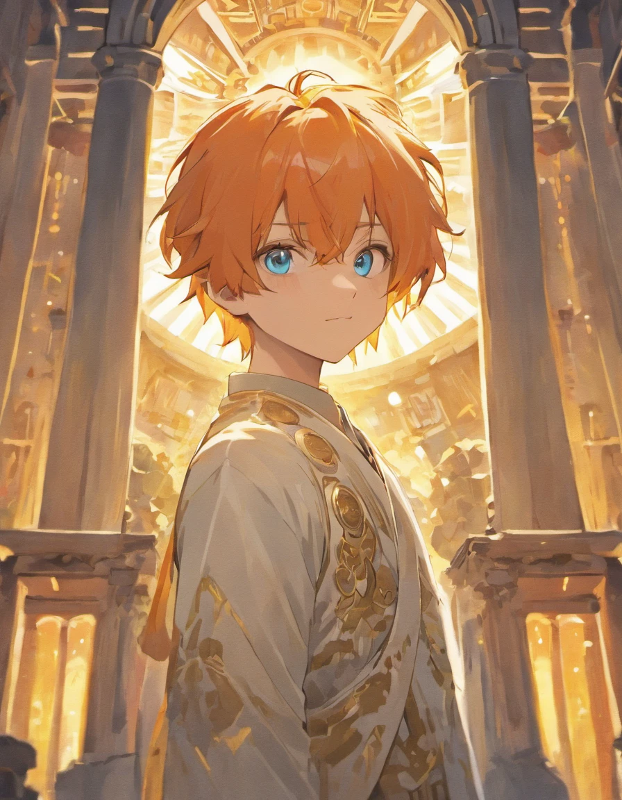 man, orange hair, blue eyes, looks into the frame, inside a temple with columns, super detailed background, shades of gold, Sun, sunlight, guy in cotton clothes, full length, The position is straight, the guy smiles sweetly, high definition, HD, sharp lines, divinity, very detailed wings