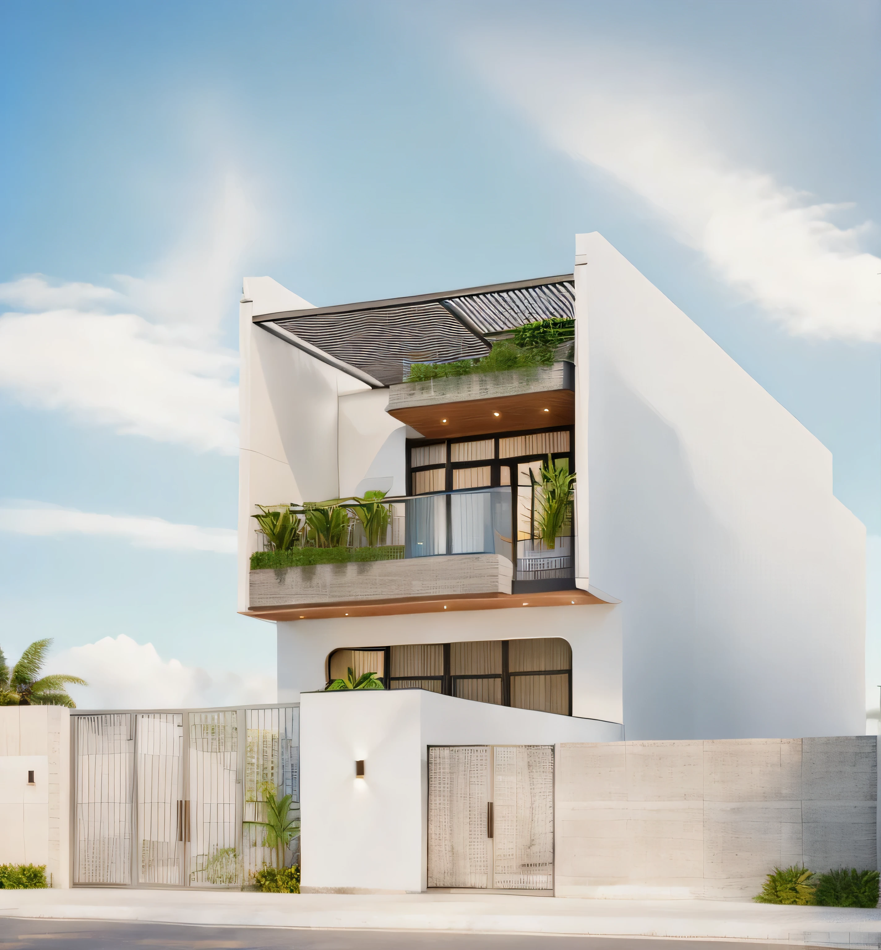 daylight, beautiful sky, soft lighting, high quality, best quality, authentic,detail, townhouse, tile wall, glass windows, ceiling, gate, fence, tropical trees, nice landscape,