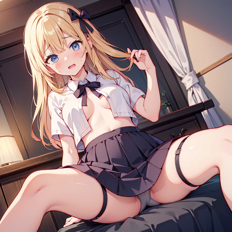 girl looks embarrassed over her skirt blonde shyness Sweat wet sticking underwear garter Erotic Estrus Drool side Stuffy Skirt flip Obscene lines transformation Pink Mesh string bread ribbon Bedroom spread legs no bra