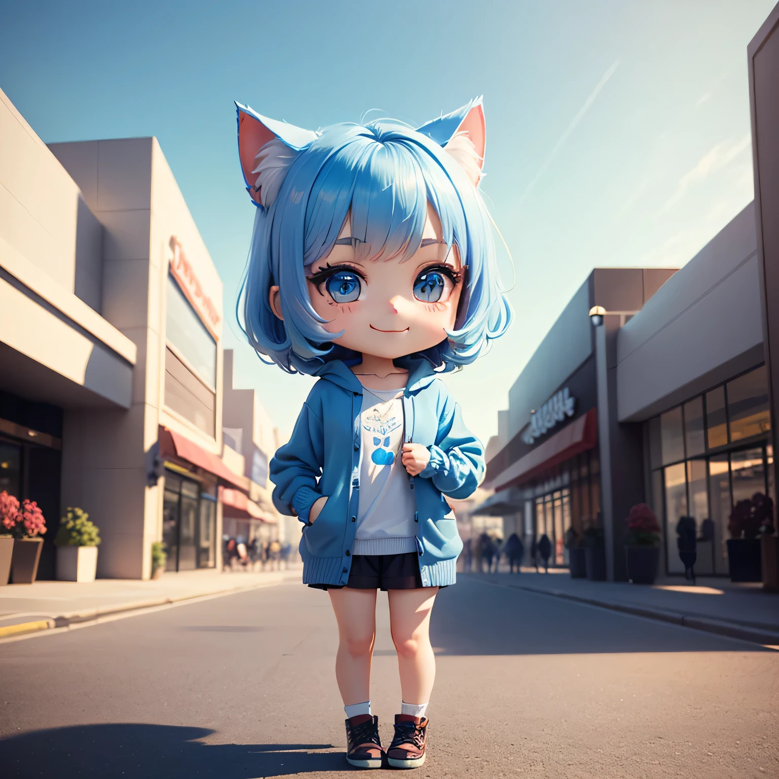 masterpiece, top-quality, ultra-detailliert, (chibi chara:1.3), (chibi model), (chibi), (chibi figure girl standing on mall), solo, smile, (bob cuts hair), ((sky blue hair)), path traced hair, (sky blue cat ears), ((sky blue eyes)), wearing blue cardigan with plain white shirt, (mall:1.3), morning light