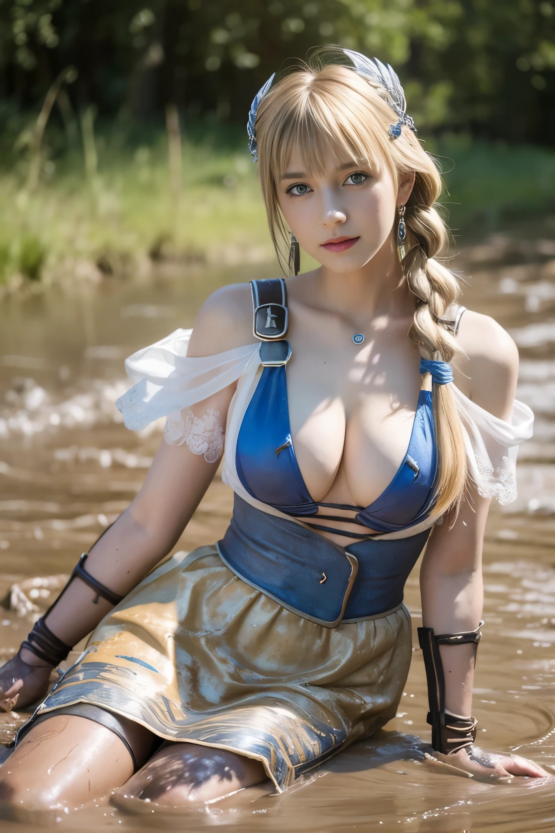 Sophitia with a pained expression,Sophitia grimaces,surreal pictures, Sophitia dirty with mud, open your mouth, bright red lipstick, Mud flows thickly over my body, high heels covered in mud, choker with mud, muddy decolletage, There&#39;s mud on my face, muddy face, A woman in her 20s covered in mud,､ Underbust corset with mud splash, muddy white fishnet stockings, hair covered in mud, muddy corset, high quality, realistic lighting, center of photo, 8K, HDR, BDSM, medium chest size, long legs, professional photography of women, Natural skin texture with plenty of mud, 4K texture, adobe light room, photo lab, HDR, complicated, very detailed, sharp focus, insane details, complicatede Details, hyper detail, bright movie theater lights, outdoor atmosphere, lifted my chin, (exposed belly: 1,8 )Super realistic,(masterpiece:1.4),(最high quality:1.4),(confused:1.4),pin up,	Sophitia covered in mud_whitedress_wife,	Sophitia covered in mud_泥で汚れたwhitedress､blonde dirty hair,big breasts,blonde long hair,Braid,blue eyes,jewelry,arm,cleavage,sword,armor,shield,earrings,single Braid,dress,belt,See-through,covered nipples,armored dress,huge breasts,hair ornaments,white dress,holding arm,very long hair,lips,bare shoulders,bangs,gloves,hair ribbon,necklace,skirt,clavicle,feather,revealing clothes,bangle,elbow gloves,greek clothing,Braided ponytail,		(confused, High resolution, Unbelievably_confused:1.4),scenery,masterpiece,very dirty clothes,dirty smell,lie on your back in the mud,swim in the mud,fall into the mud