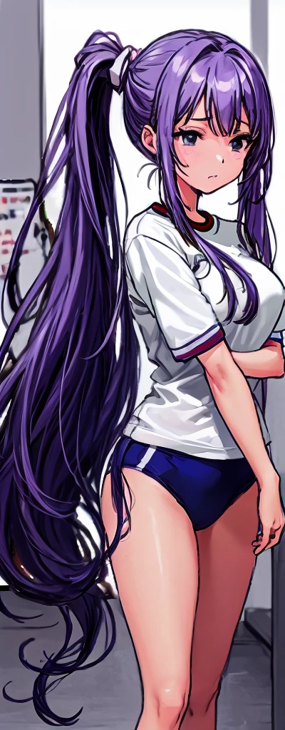 A beautiful woman with long wisteria purple hair in a ponytail that reaches to her shoulders and a light pink ribbon in the back, a sharp face and beautiful legs, is wearing a white gym uniform.、I'm standing in the school hallway wearing dark blue bloomers shaped like panties.。I'm opening my mouth。