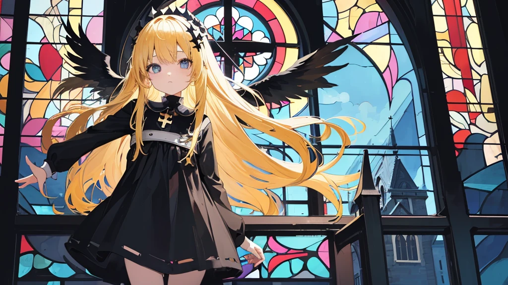 (1 girl, blonde hair, black sundress, black wings, kawaii), (church, cross, stained glass), (low contrast, flat color, limited palette)