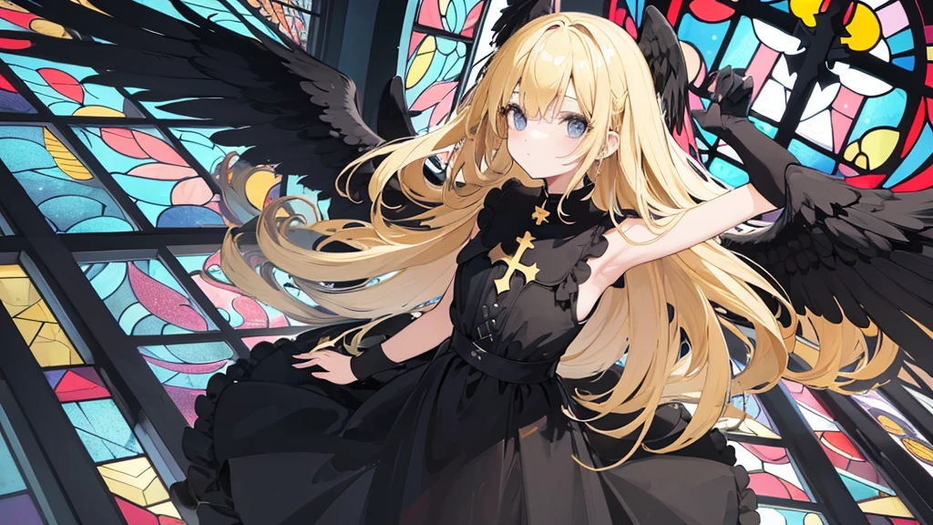 (1 girl, blonde hair, black sundress, black wings, kawaii), (church, cross, stained glass), (low contrast, flat color, limited palette)