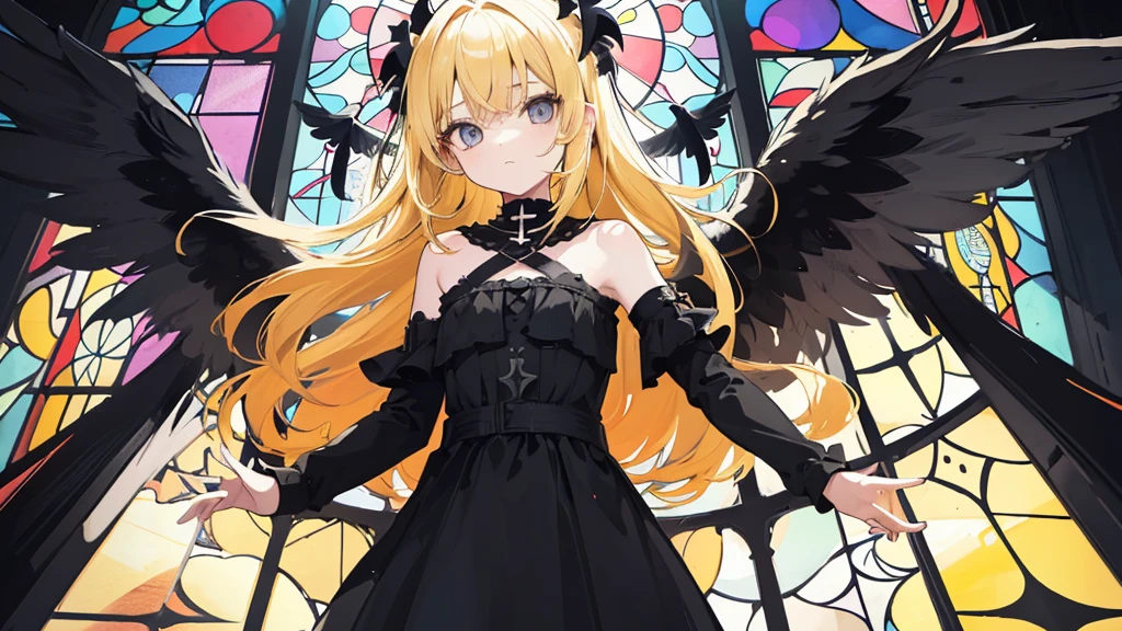 (1 girl, blonde hair, black sundress, black wings, kawaii), (church, cross, stained glass), (low contrast, flat color, limited palette)
