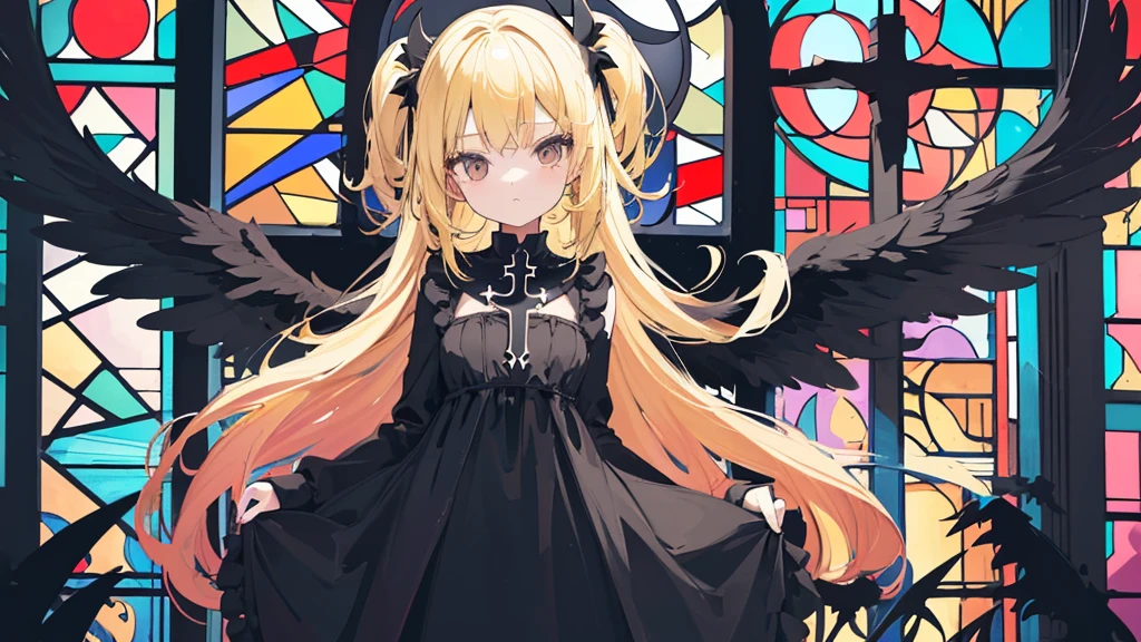 (1 girl, blonde hair, black sundress, black wings, kawaii), (church, cross, stained glass), (low contrast, flat color, limited palette)