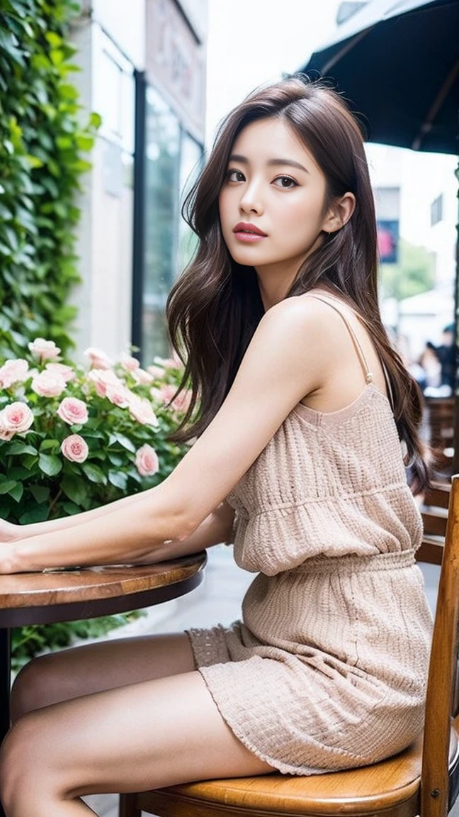 dark brown hair、light brown eyes、Japanese actress face、 lady、looks like him;I'm about 40 years old、(intricate details:1.2)、(Which is the top?:1.4)、 (Super high resolution:1.2)、Super high resolution、(finely tuned)、(detailed facial features)、nffsw、8K resolution、D cup size breasts、long hair、Paris、Parisのカフェ、Pink flowers bloom at the entrance of the cafe.、Cafe entrance surrounded by flowers、sitting on a chair on the terrace of a cafe、leaning on the back of the chair、beautiful legs、full body photo、head to toe shot、