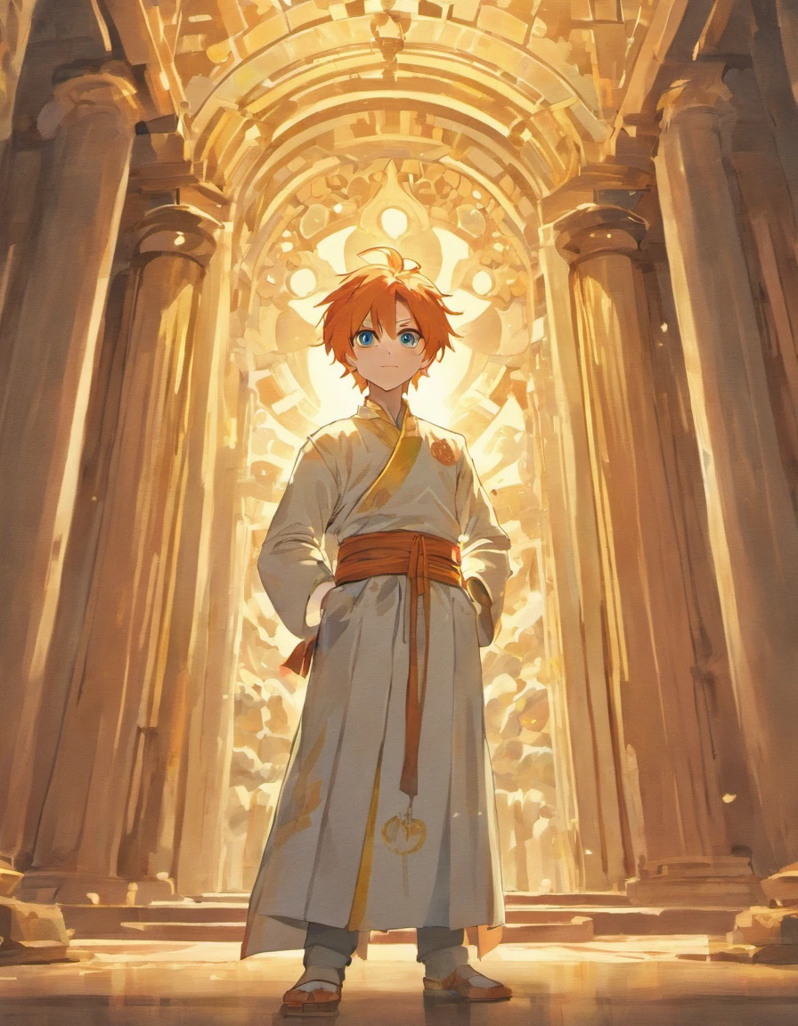adult man, orange hair, blue eyes, looks into the frame, inside a temple with columns, super detailed background, shades of gold, Sun, sunlight, guy in cotton clothes, full length, The position is straight, the guy smiles sweetly, high definition, HD, sharp lines, divinity, very detailed wings