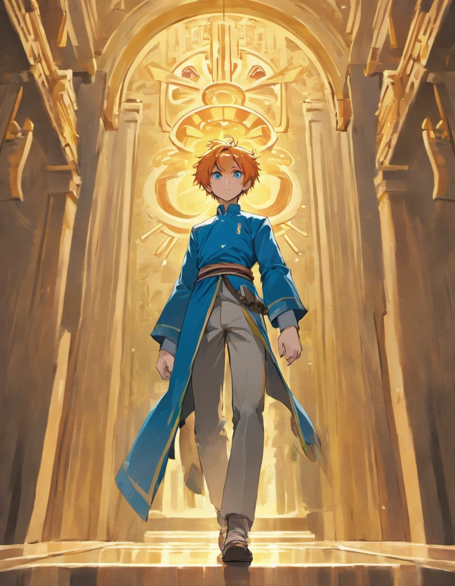 adult man, orange hair, blue eyes, looks into the frame, inside a temple with columns, super detailed background, shades of gold, Sun, sunlight, guy in cotton clothes, full length, The position is straight, the guy smiles sweetly, high definition, HD, sharp lines, divinity, very detailed wings