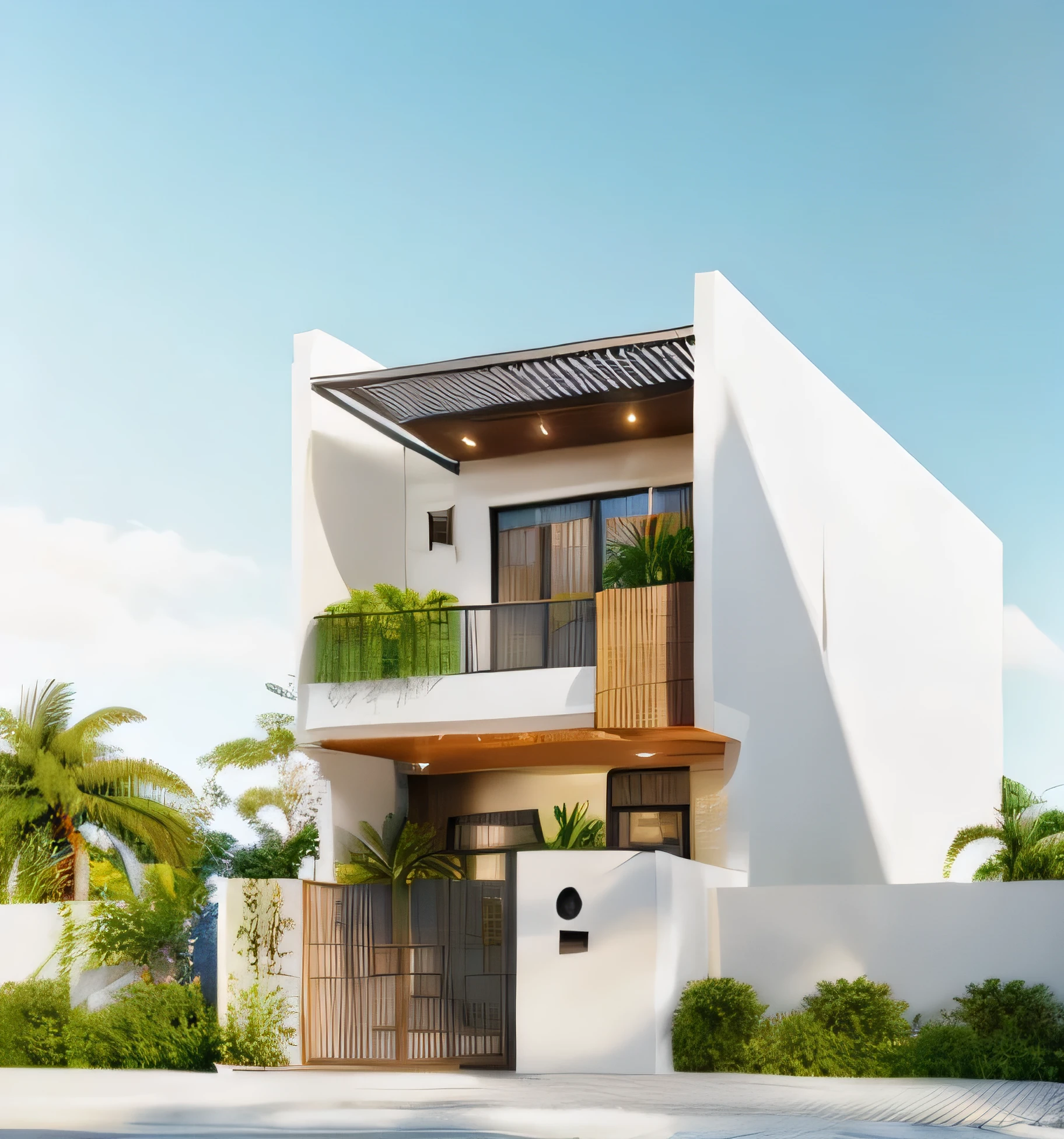 daylight, beautiful sky, soft lighting, high quality, best quality, authentic,detail, townhouse, tile wall, glass windows, ceiling, gate, fence, tropical trees, nice landscape,