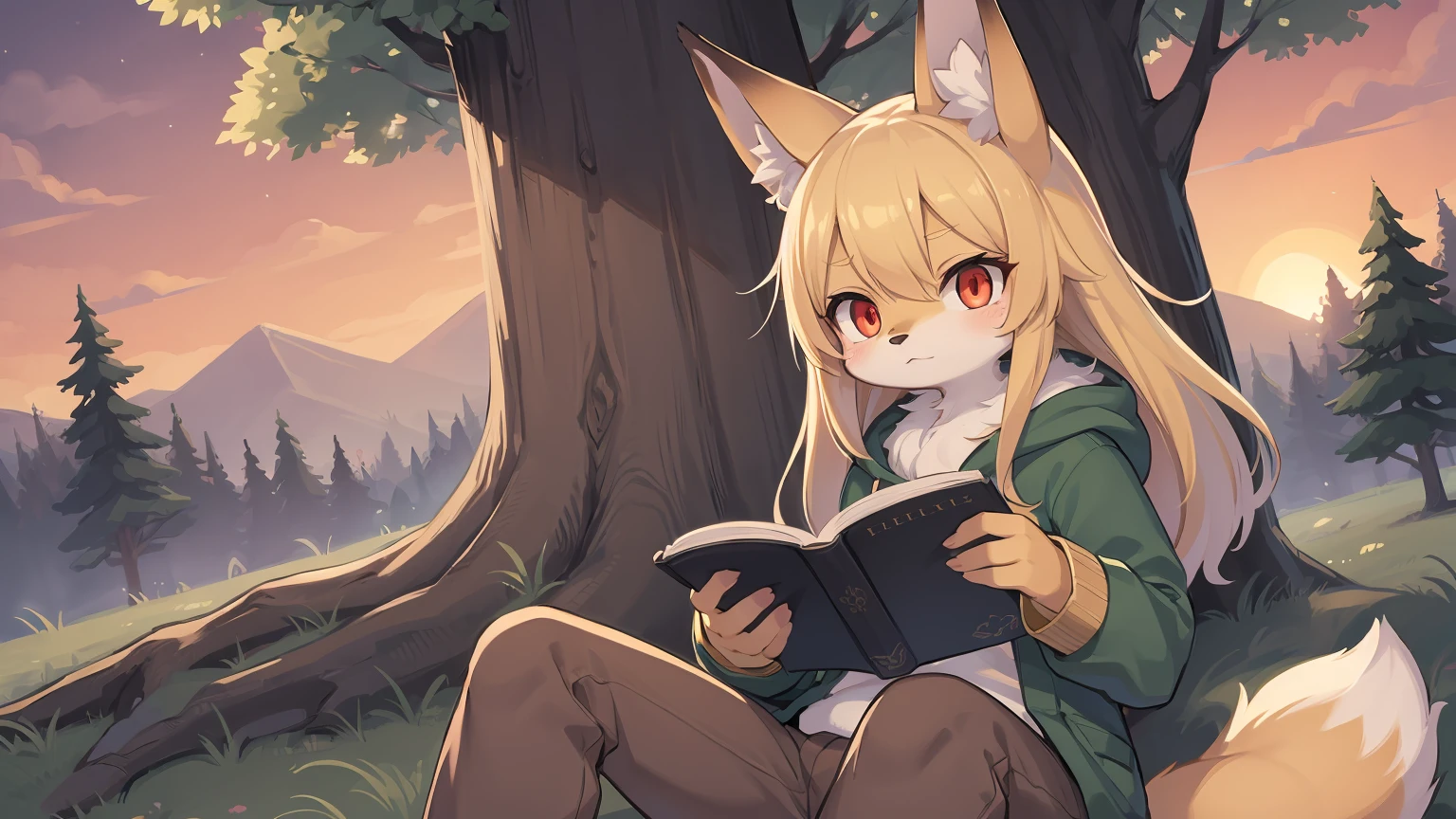 shota the fox, child, was hairy, shaggy, skin fur, smooth lashes, golden fur, forelimb hands, straight long blonde hair, solid circle eyes, golden ears, golden fur, golden facial fur, shiny hair, red eyes, super cute face, 1fox tail, fluffy tail, furry tail, expressionless, glowing eyes, green coat green hood down, brown trousers, reading grimoire, sit on big tree, ambient light, ultra-fine fur, dashed eyes, full body, masterpiece, high quality, high-details, best quality, wide short, (((solo))), twilight, sun light, red sky, rim light