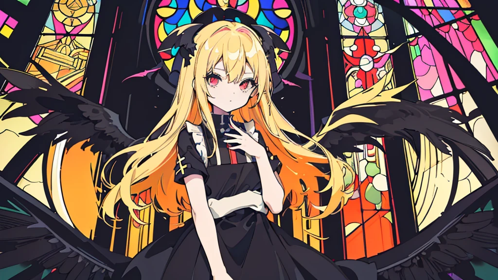 (1 girl, blonde hair, black sundress, black wings, kawaii), (church, cross, stained glass), (low contrast, flat color, limited palette)