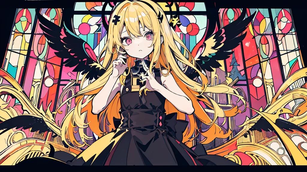 (1 girl, blonde hair, black sundress, black wings, kawaii), (church, cross, stained glass), (low contrast, flat color, limited palette)