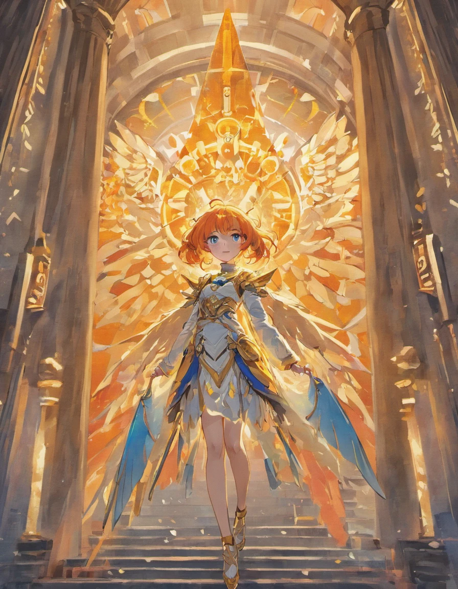 Grown man, orange hair, blue eyes, looks into the frame, very detailed large wings, inside a temple with columns, super detailed background, shades of gold, Sun, sunlight, guy in cotton clothes, full length, The position is straight, the guy smiles sweetly, high definition, HD, sharp lines, divinity, very detailed wings