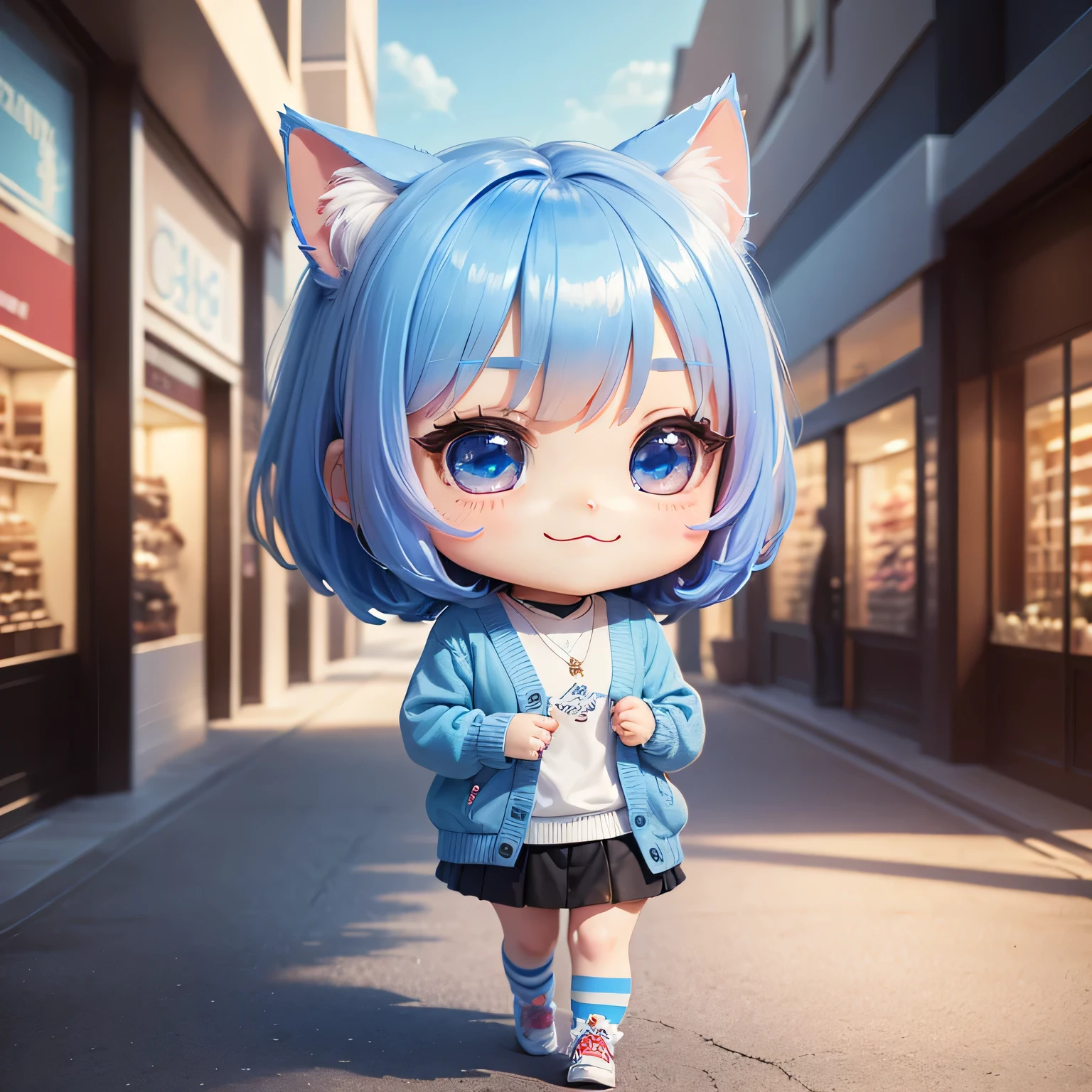 masterpiece, top-quality, ultra-detailliert, (chibi chara:1.4), (chibi figure girl standing on mall), solo, smile, (bob cuts hair), ((sky blue hair)), path traced hair, (sky blue cat ears), ((sky blue eyes)), wearing blue cardigan with plain white shirt, (mall:1.3), morning light