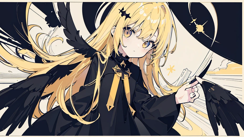 (1 girl, blonde hair, black sundress, black wings, kawaii), (church, cross), (low contrast, flat color, limited palette)