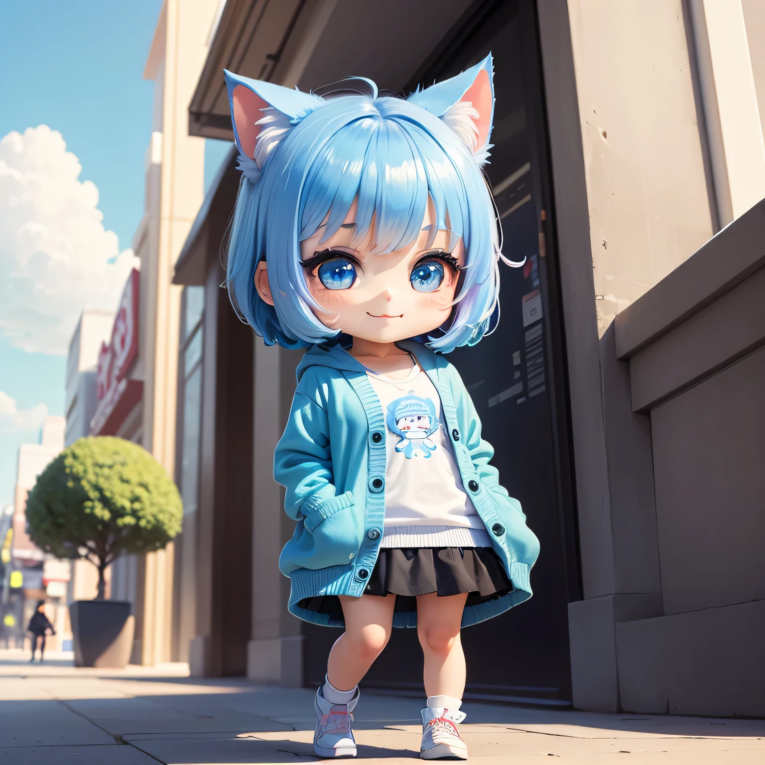 masterpiece, top-quality, ultra-detailliert, (chibi chara:1.4), (chibi figure girl standing on mall), solo, smile, (bob cuts hair), ((sky blue hair)), path traced hair, (sky blue cat ears), ((sky blue eyes)), wearing blue cardigan with plain white shirt, (mall:1.3), morning light