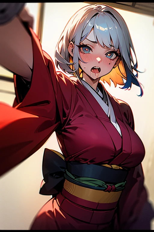 (masterpiece, best quality), nsfw,
1girl, standing, ((reaching out,)),upper body,
shoot from front,selfie,
BREAK 18 yo, short silver hair, beautiful detailed cutest eyes, eyeshadow, lips, gal, large breasts,
gaping, nose blush, heavy breathing, saliva trail,
surprised, wide-eyed, screaming, constricted pupils,(blush:0.8),
BREAK ((((red japanese_kimono)))),
BREAK japanese style room