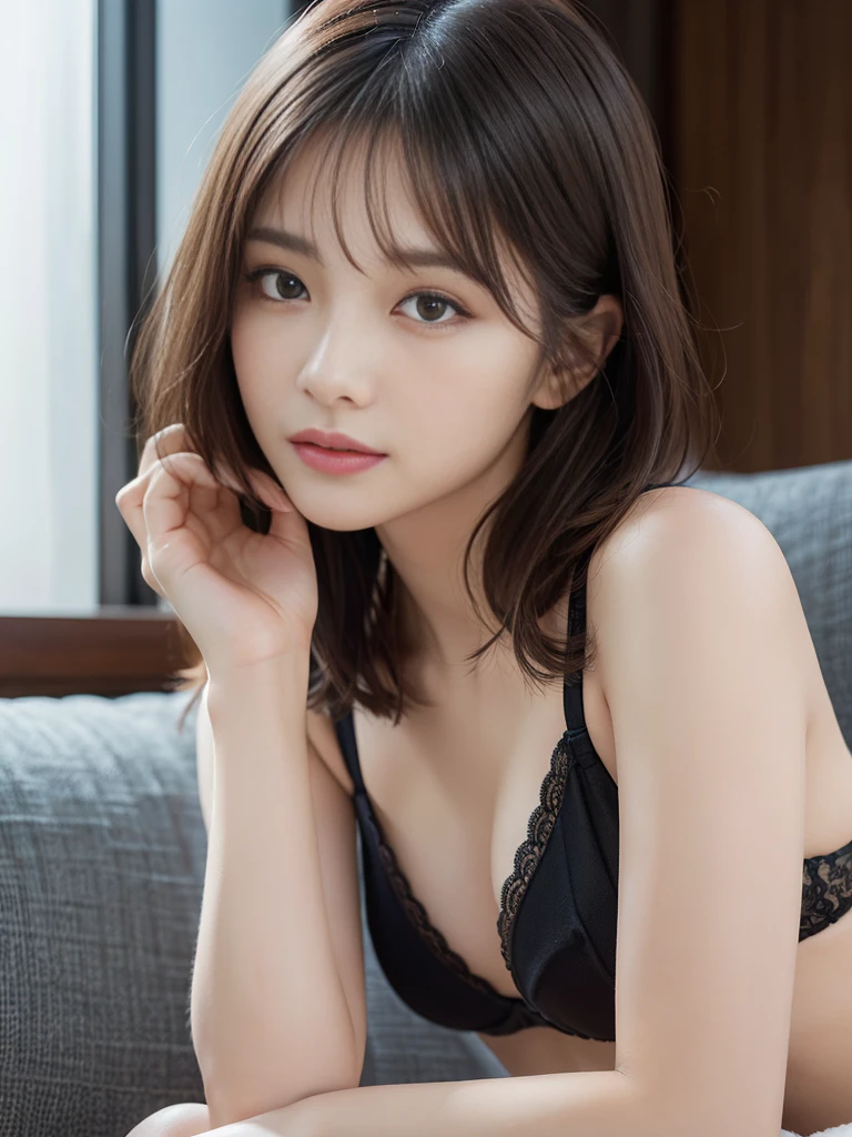 (realistic, photo-realistic:1.37), (pieces fly), (highest quality:1.4), (ultra high resolution:1.2),(Raw photo:1.4), 1人のwoman、woman、wavy black hair、short hair、super detailed beautiful eyes,highly detailed face,brand best quality, full body portrait, delicate face, cute face,1 woman,sitting on a cozy sofa,crossed legs,soft light,Black T-back with delicate pattern visible through it,black bra full body shot