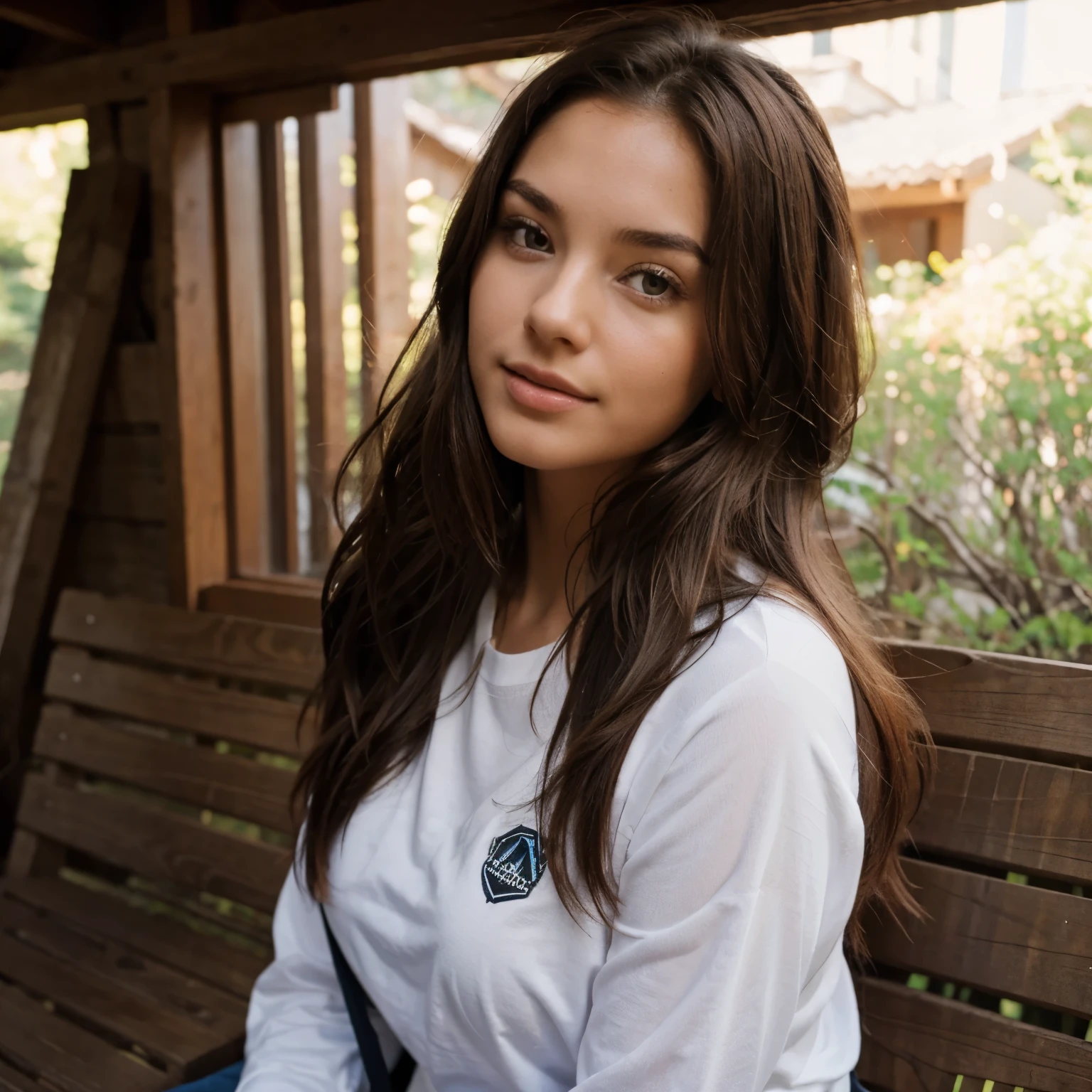 Imagine a sexy 21 year old female with long brown hair and small breast. She is dressed in hiking gear. 