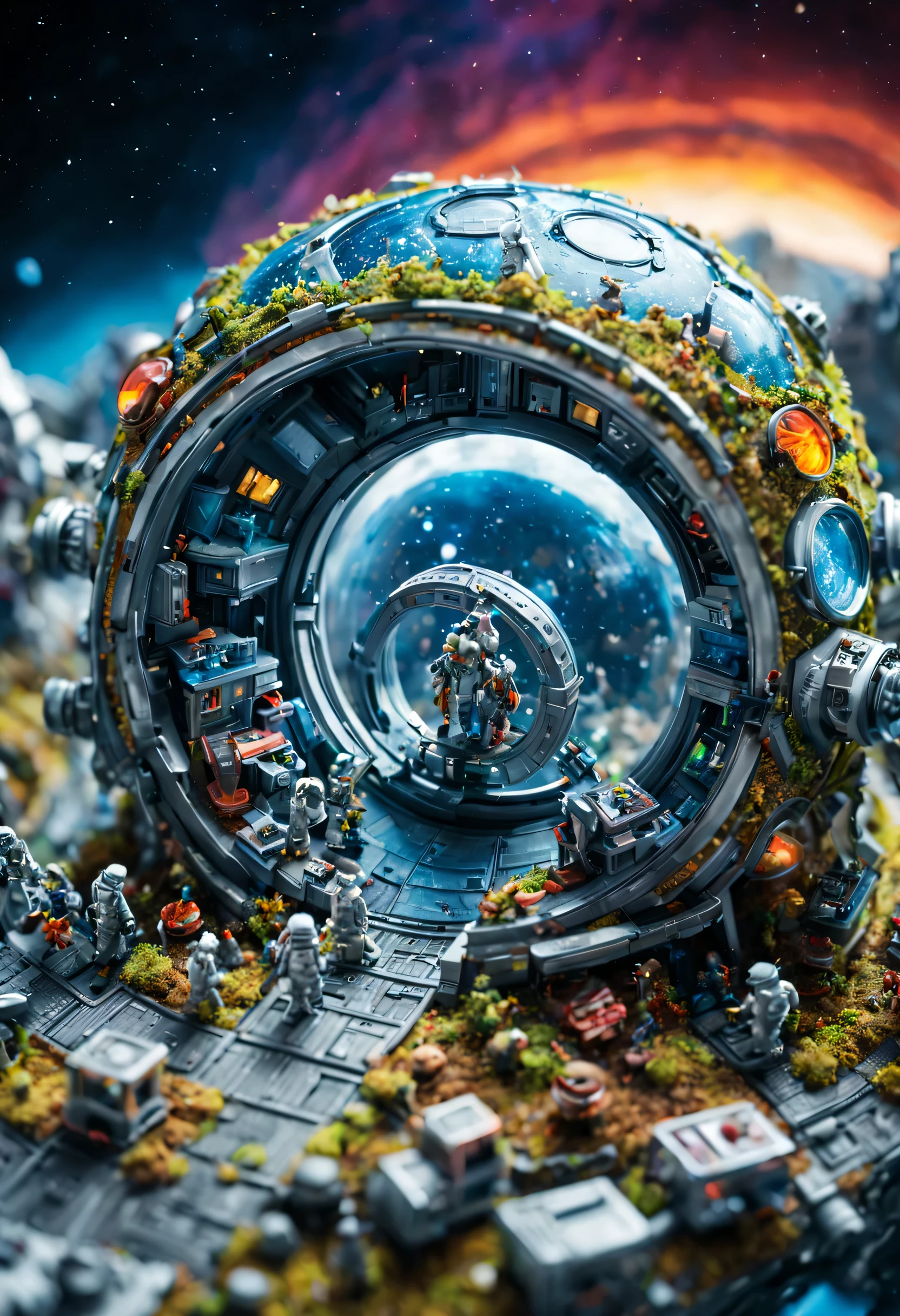 super detailed microscopic world, where fantasy comes to life. vibrant and other worldly structures. highly detailed microscopic world, with tiny Humans in space suits setting up base, a portal behind them with people in space suits still stepping through. in the style of photorealism. ultra detailed, blur focus effect, depth of field effect.