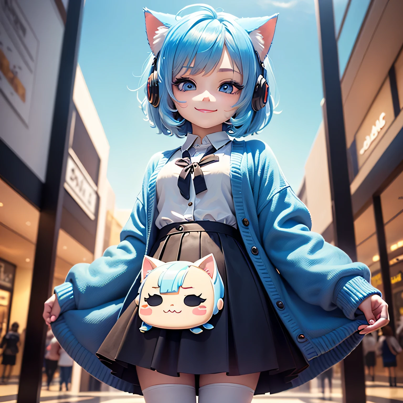 masterpiece, top-quality, ultra-detailliert, (chibi chara:1.4), (chibi figure girl standing on mall), solo, smile, (bob cuts hair), ((sky blue hair)), path traced hair, (sky blue cat ears), ((sky blue eyes)), blue headset, wearing blue cardigan with plain white shirt, black skirt, (mall:1.3), morning light