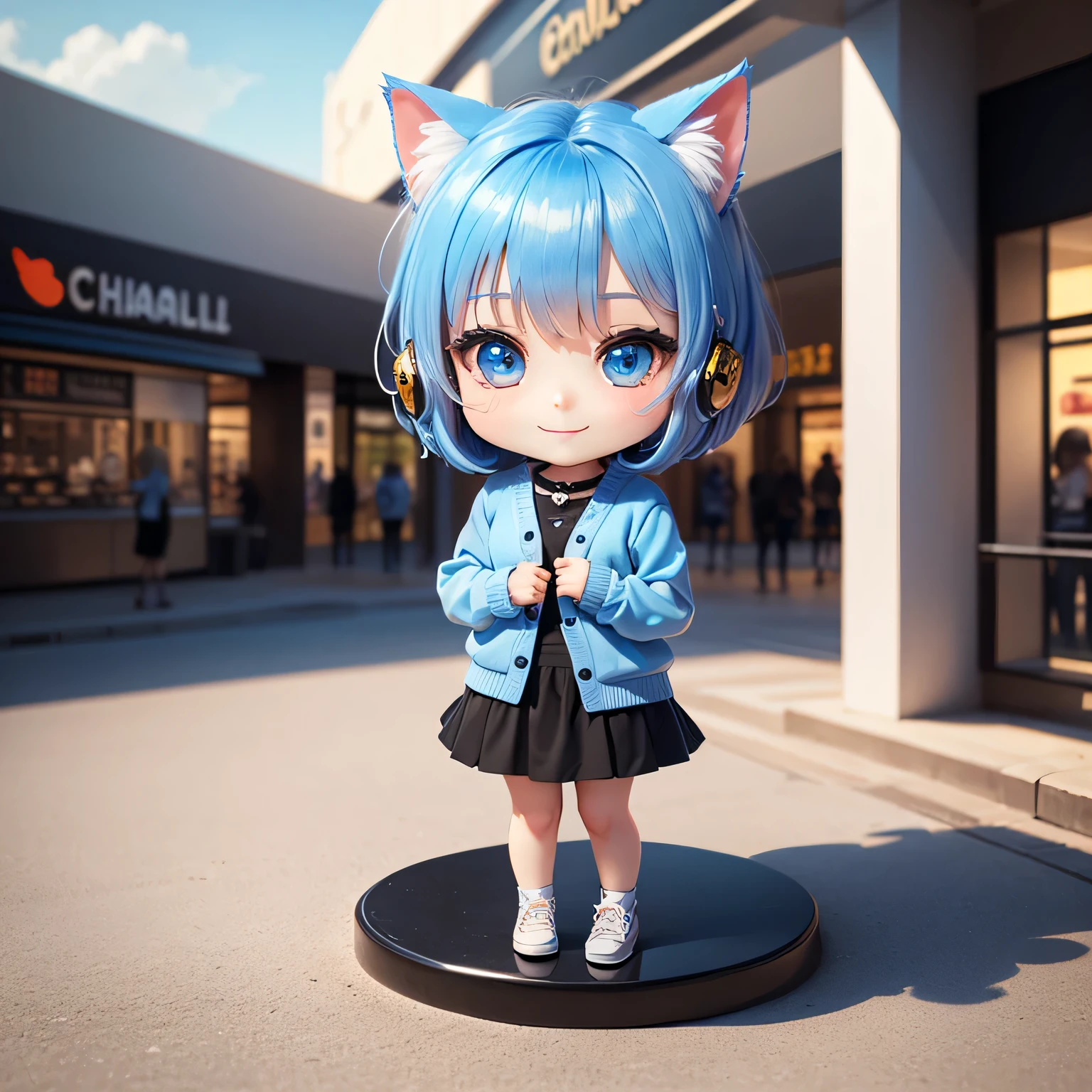 masterpiece, top-quality, ultra-detailliert, (chibi chara:1.4), (chibi figure girl standing on mall), solo, smile, (bob cuts hair), ((sky blue hair)), path traced hair, (sky blue cat ears), ((sky blue eyes)), blue headset, wearing blue cardigan with plain white shirt, black skirt, (mall:1.3), morning light
