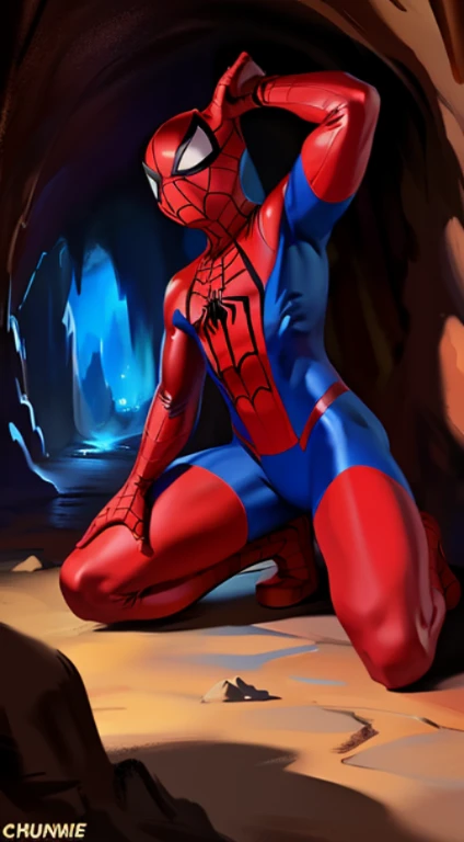 a brown wolf wearing a red and blue spiderman costume, and putting on his stretch spidey mask over his headface, in a cave, by chunie by TopgearAE86turbo